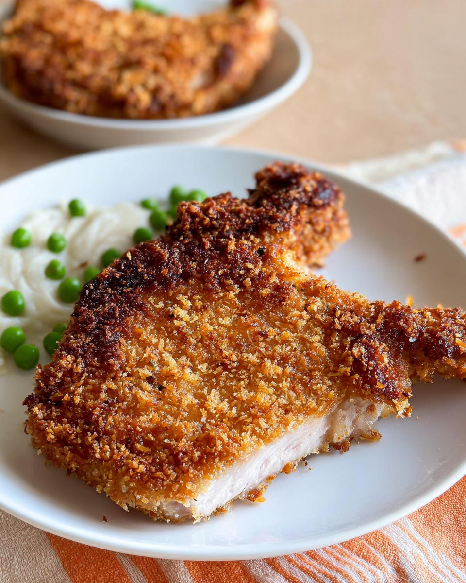 Close-up of a perfectly cooked Baked Panko Crusted Pork Chop with a thick, golden-brown crust on a white plate.