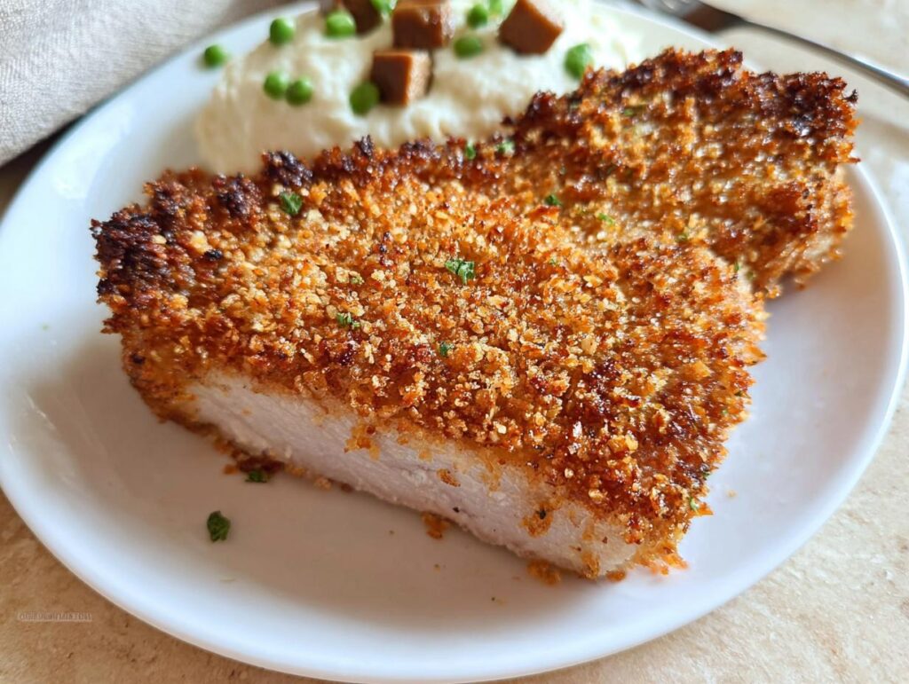 Two crispy Baked Panko Crusted Pork Chops served with mashed potatoes and peas on a white plate.