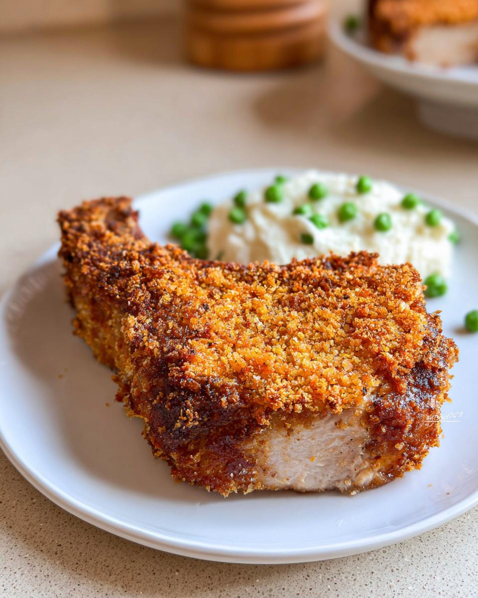 Close-up of a thick, juicy Baked Panko Crusted Pork Chop with a golden brown crust, served with mashed potatoes and peas.