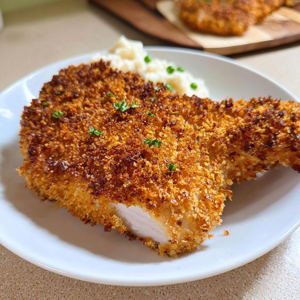A close-up of a perfectly golden brown Baked Panko Crusted Pork Chop served with mashed potatoes and peas.