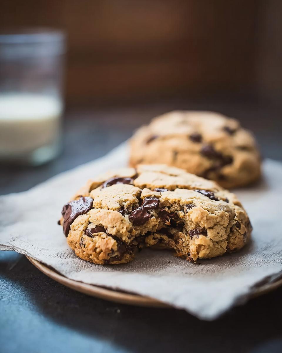 Close-up of a giant chocolate chip cookie with a bite taken out, showing gooey melted chocolate. Perfect Bakery Style Giant Chocolate Chip Cookies.