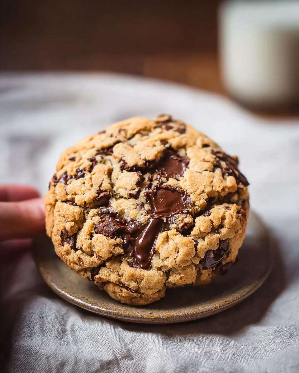 A thick, golden Bakery Style Giant Chocolate Chip Cookie resting on a small ceramic plate, featuring gooey, melted chocolate.