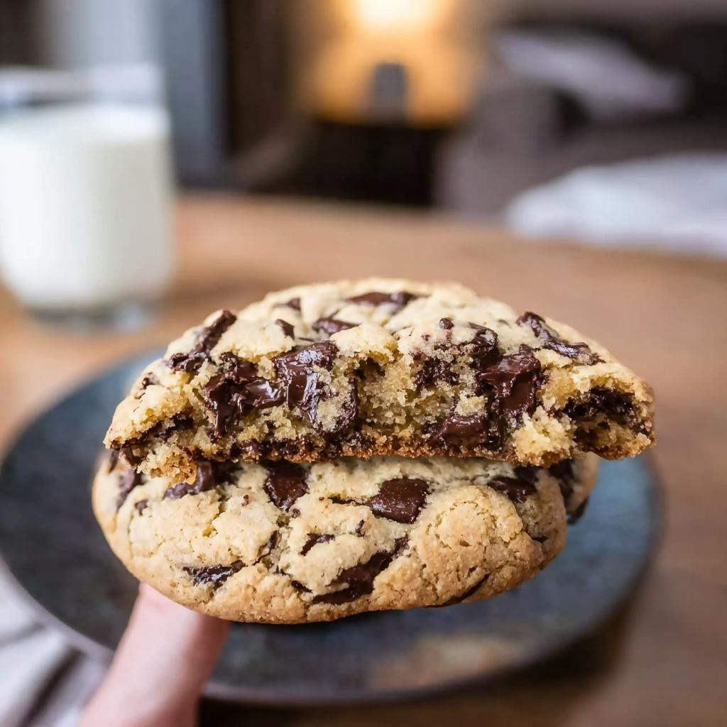 A hand holds two halves of a Bakery Style Giant Chocolate Chip Cookie, showing the gooey, melted chocolate interior.