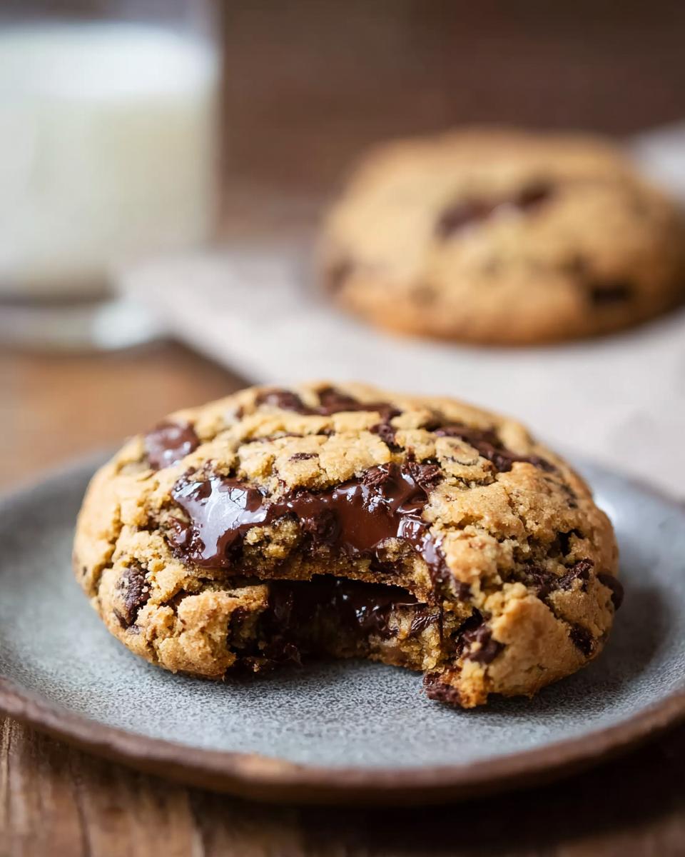 Close-up of a Bakery Style Giant Chocolate Chip Cookie broken in half showing gooey, melted chocolate center.