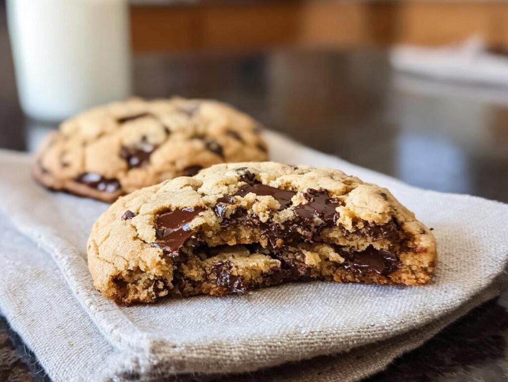 Close-up of a Bakery Style Giant Chocolate Chip Cookie broken in half showing gooey melted chocolate center.