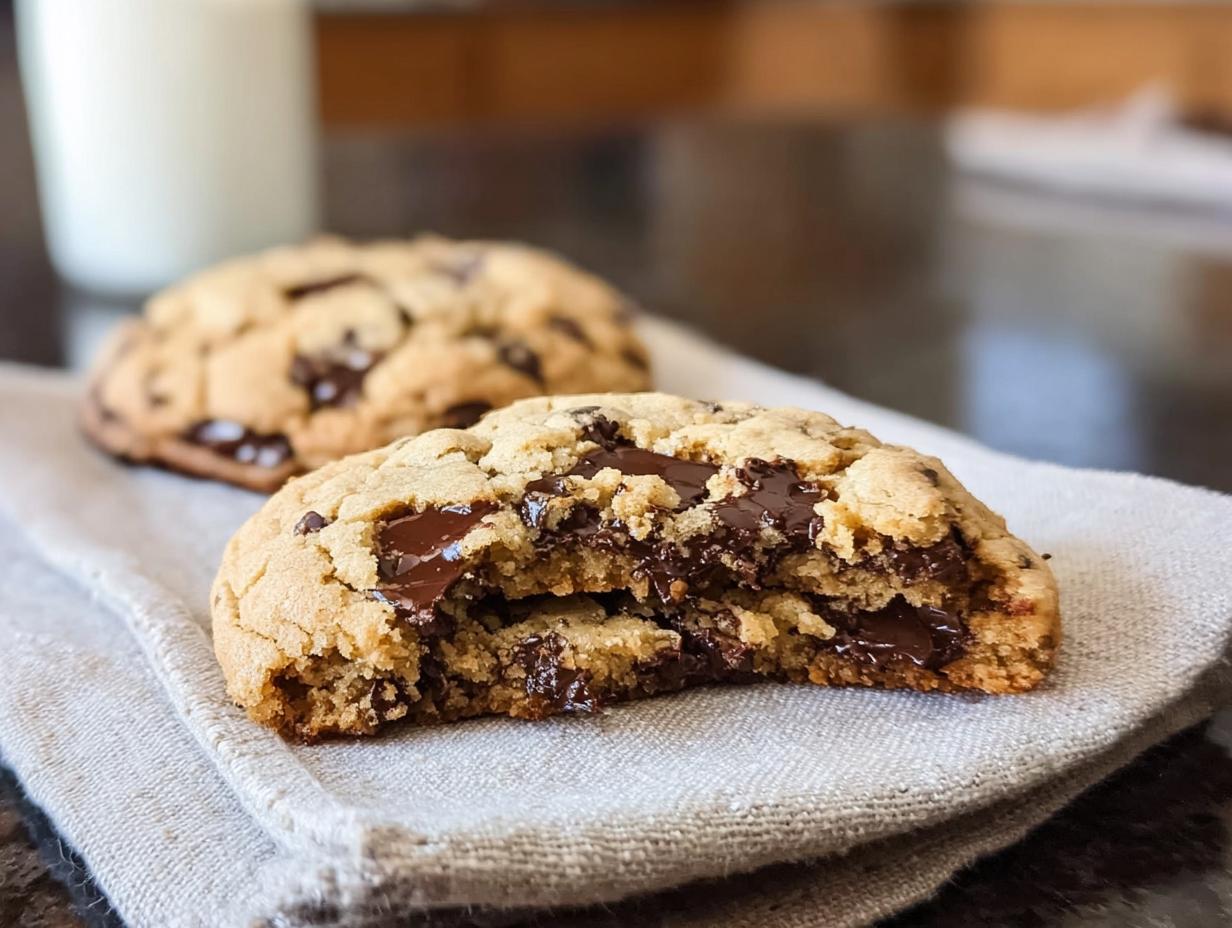 Close-up of a Bakery Style Giant Chocolate Chip Cookie broken in half showing gooey melted chocolate center.