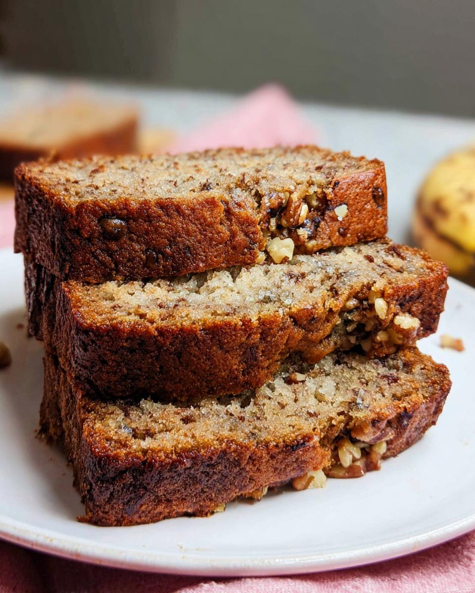 Three thick slices of moist Banana Nut Bread with Walnuts stacked on a white plate.