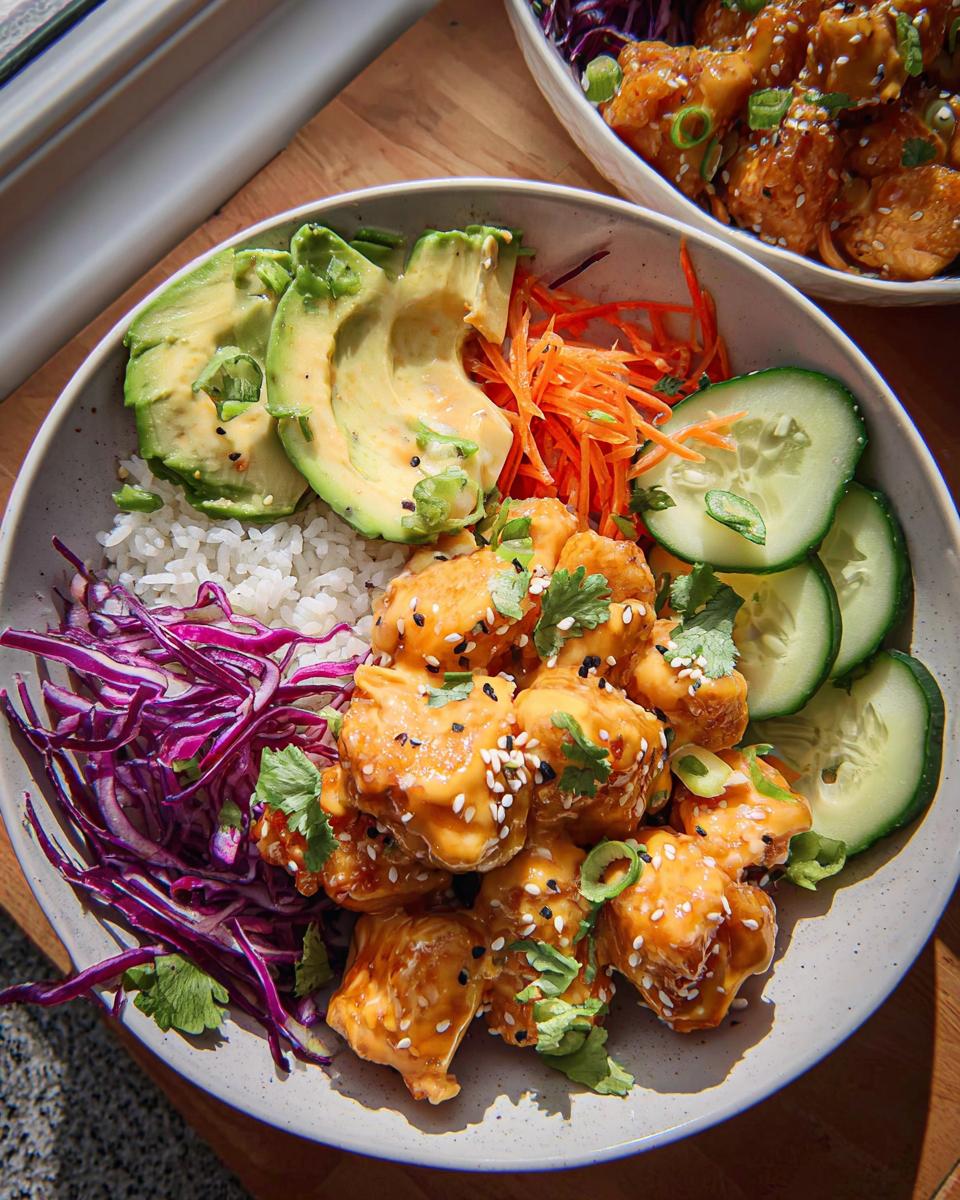 A vibrant Bang Bang Chicken Bowl featuring crispy chicken coated in sauce, rice, avocado, cucumbers, and shredded cabbage.