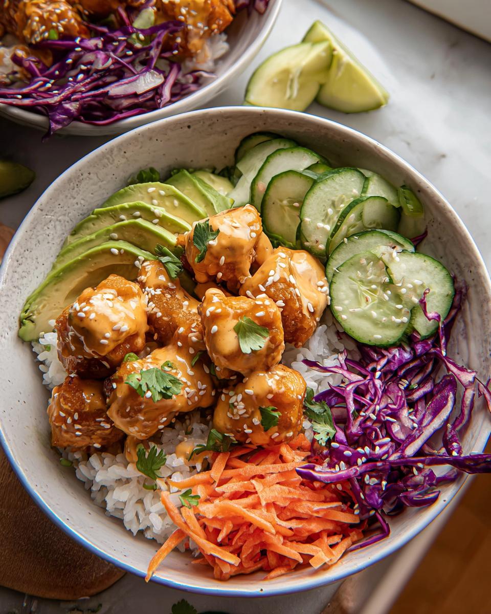 A vibrant Bang Bang Chicken Bowl featuring crispy chicken pieces drizzled with sauce, served over rice with avocado, cucumber, carrots, and red cabbage.