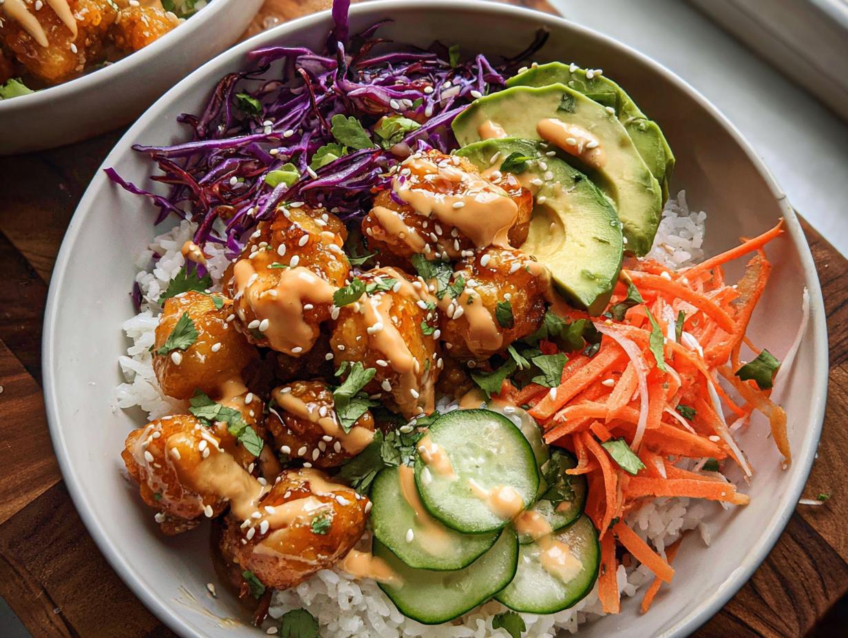 A vibrant Bang Bang Chicken Bowl featuring crispy chicken pieces drizzled with sauce over rice, topped with avocado, carrots, and cabbage.
