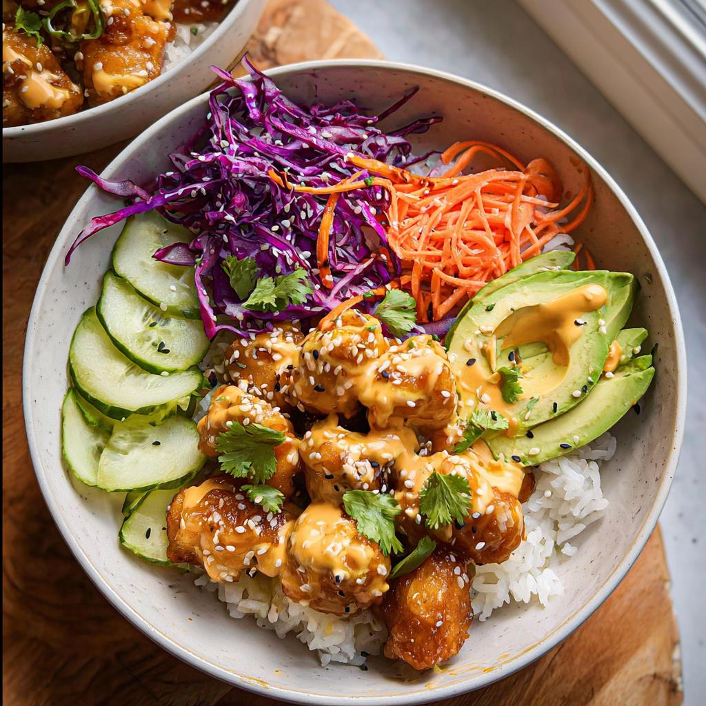 A vibrant Bang Bang Chicken Bowl featuring crispy chicken drizzled with sauce over rice, topped with avocado, cucumber, and shredded cabbage.