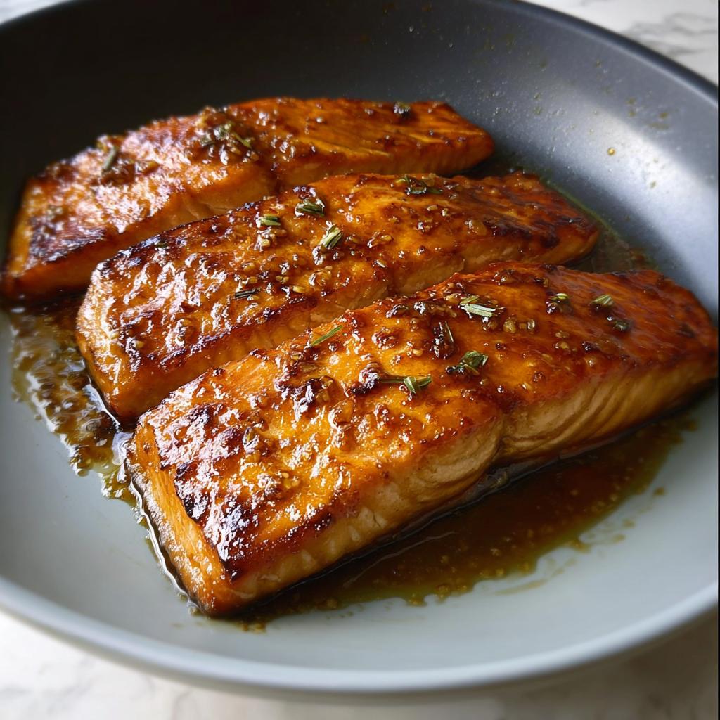 Three glistening, glazed Best Honey Garlic Baked Salmon Fillets resting in a shallow pan with sauce.