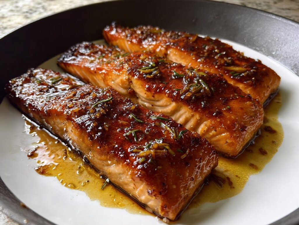 Three glistening Best Honey Garlic Baked Salmon Fillets covered in a thick, caramelized glaze and fresh herbs.