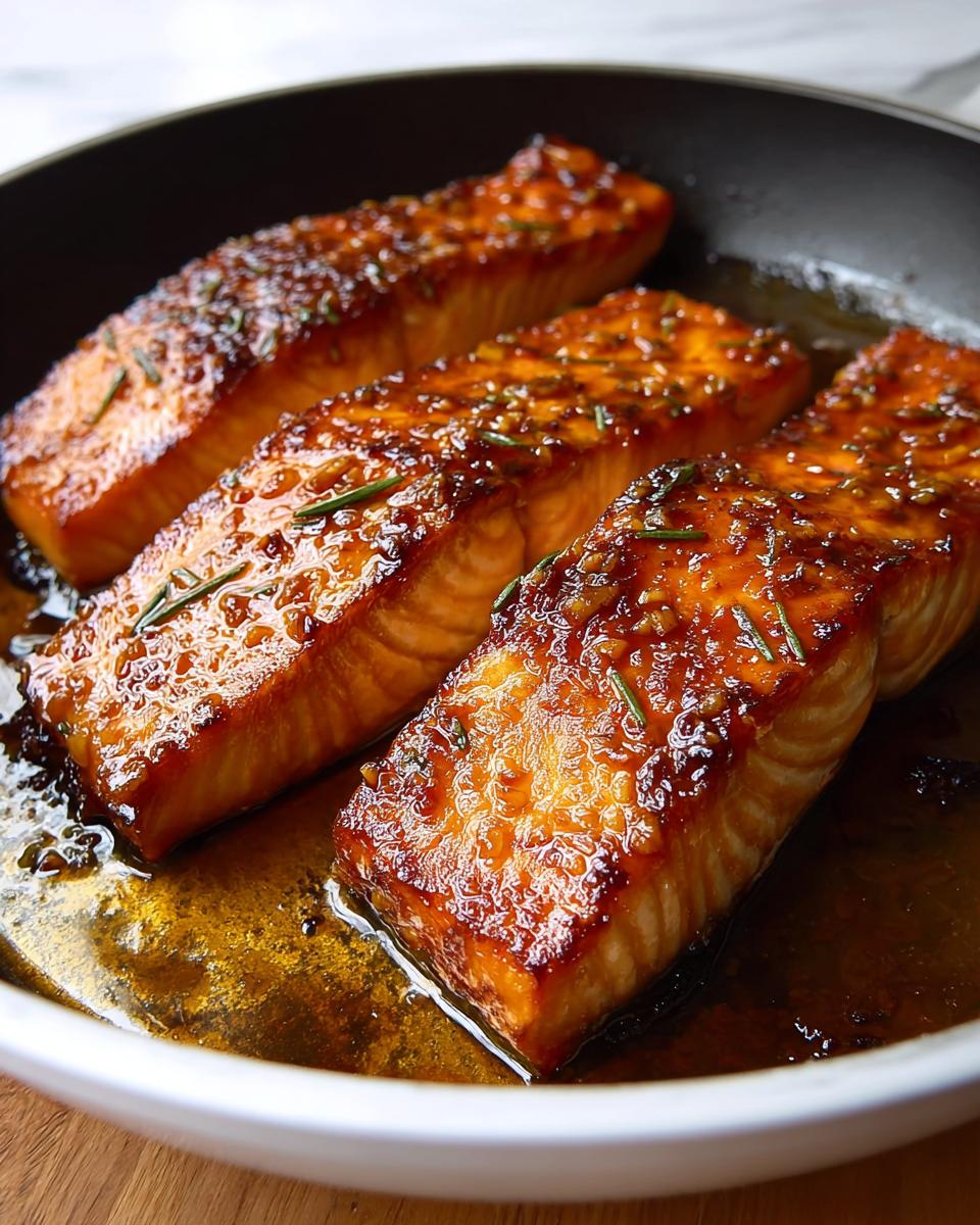 Four glistening salmon fillets coated in a thick, caramelized honey garlic glaze, garnished with rosemary, resting in a white skillet.