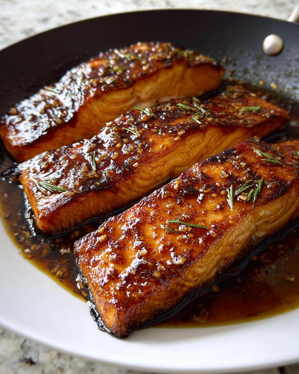 Three glistening Best Honey Garlic Baked Salmon Fillets covered in a sticky glaze and rosemary, resting in a dark sauce.