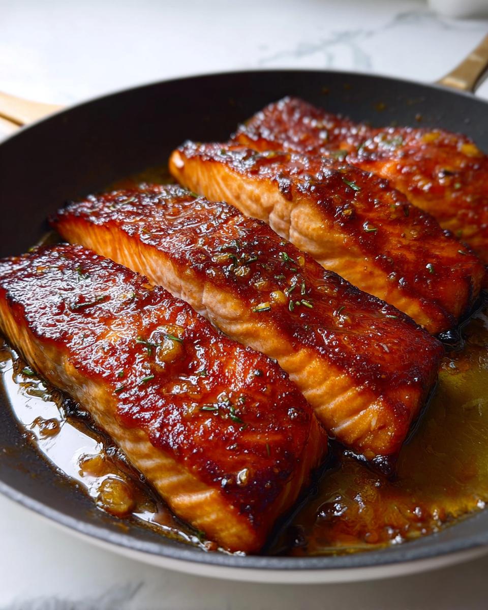 Four perfectly cooked Best Honey Garlic Baked Salmon Fillets glistening with a rich, dark glaze in a skillet.