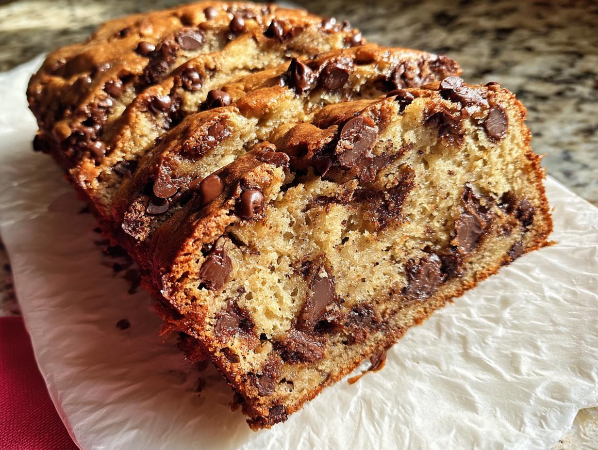 Close-up of sliced Brown Butter Banana Bread loaded with melted chocolate chips.