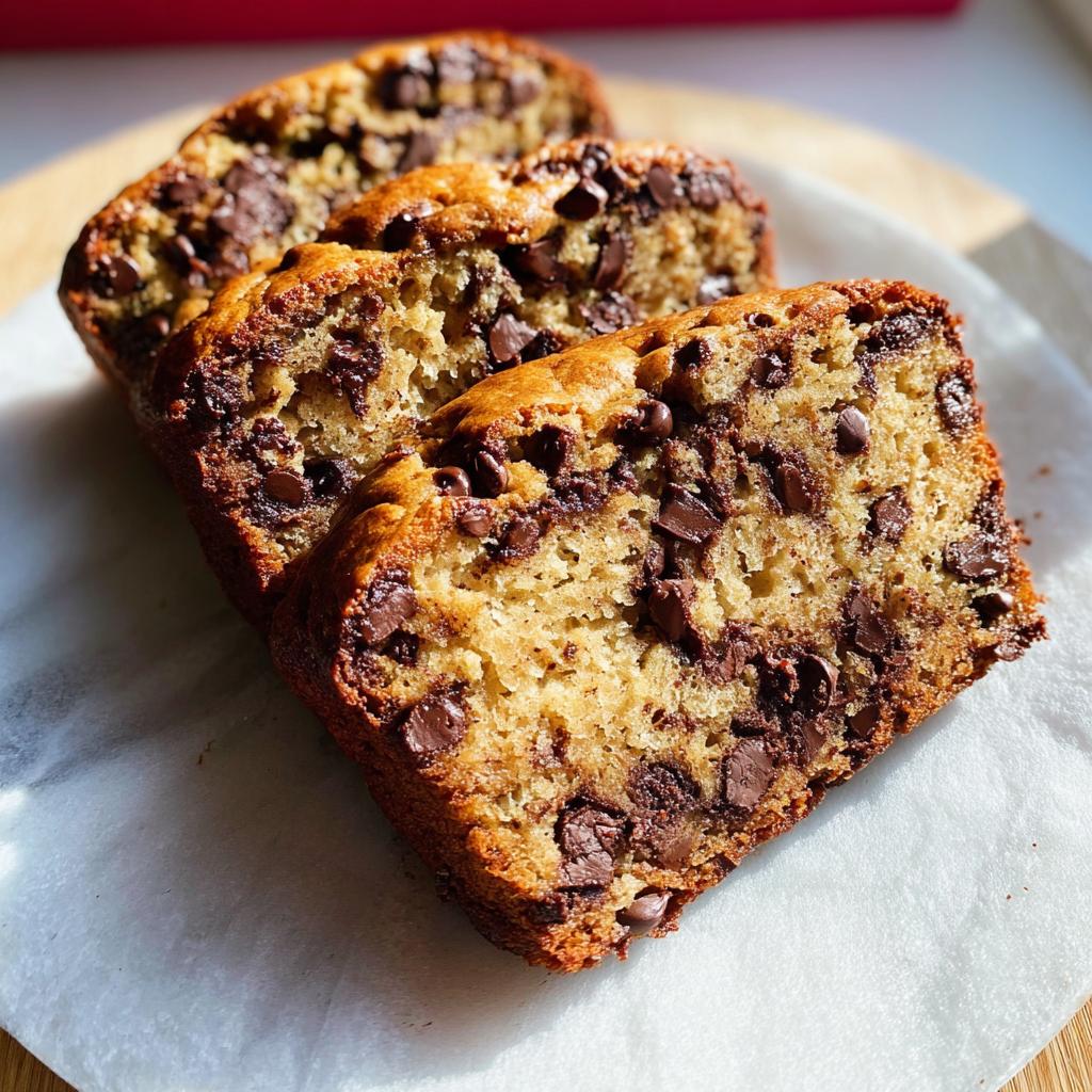 Three thick slices of moist Brown Butter Banana Bread loaded with melted chocolate chips, resting on parchment paper.
