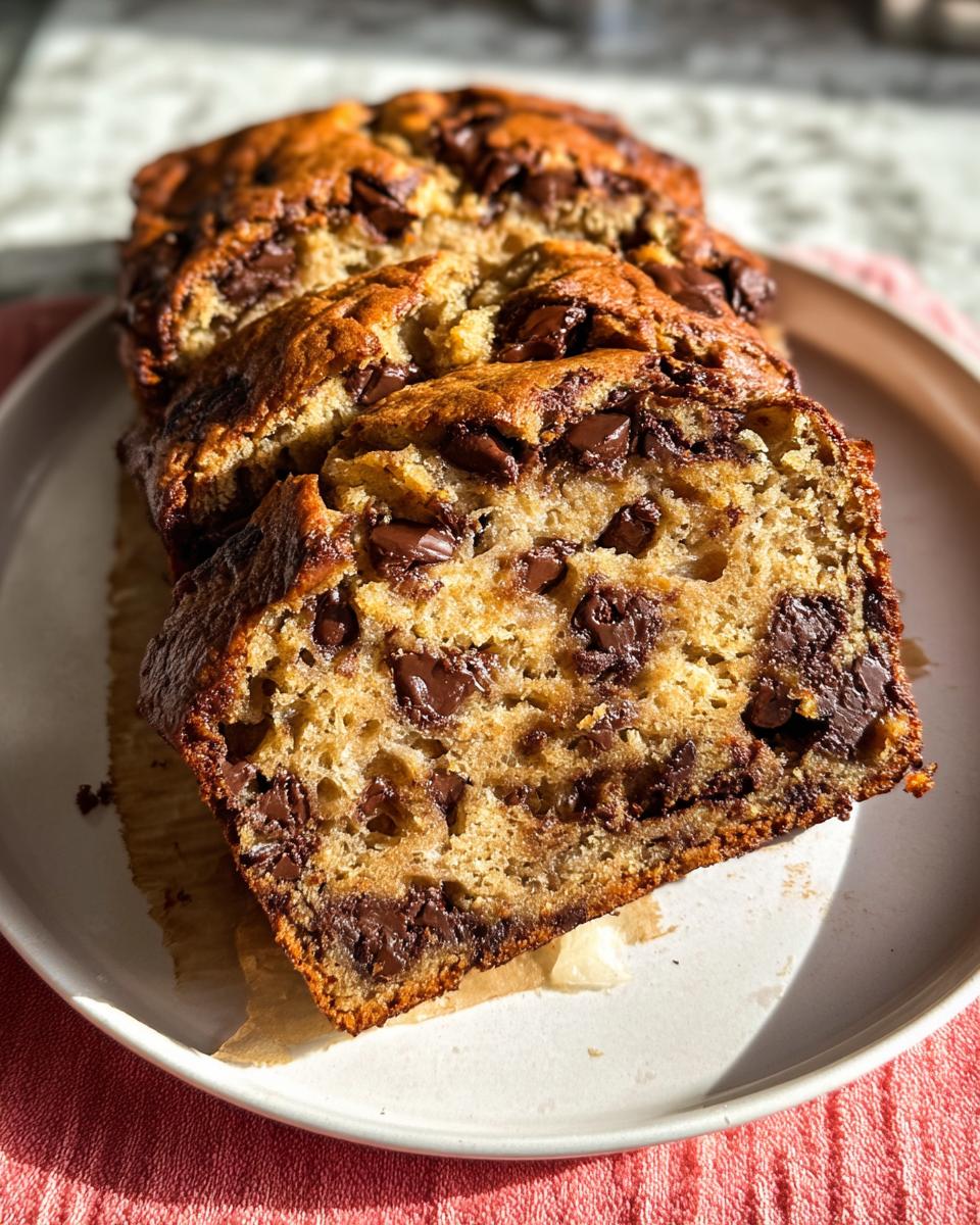 Slices of rich Brown Butter Banana Bread loaded with melted chocolate chips, served on a white plate.