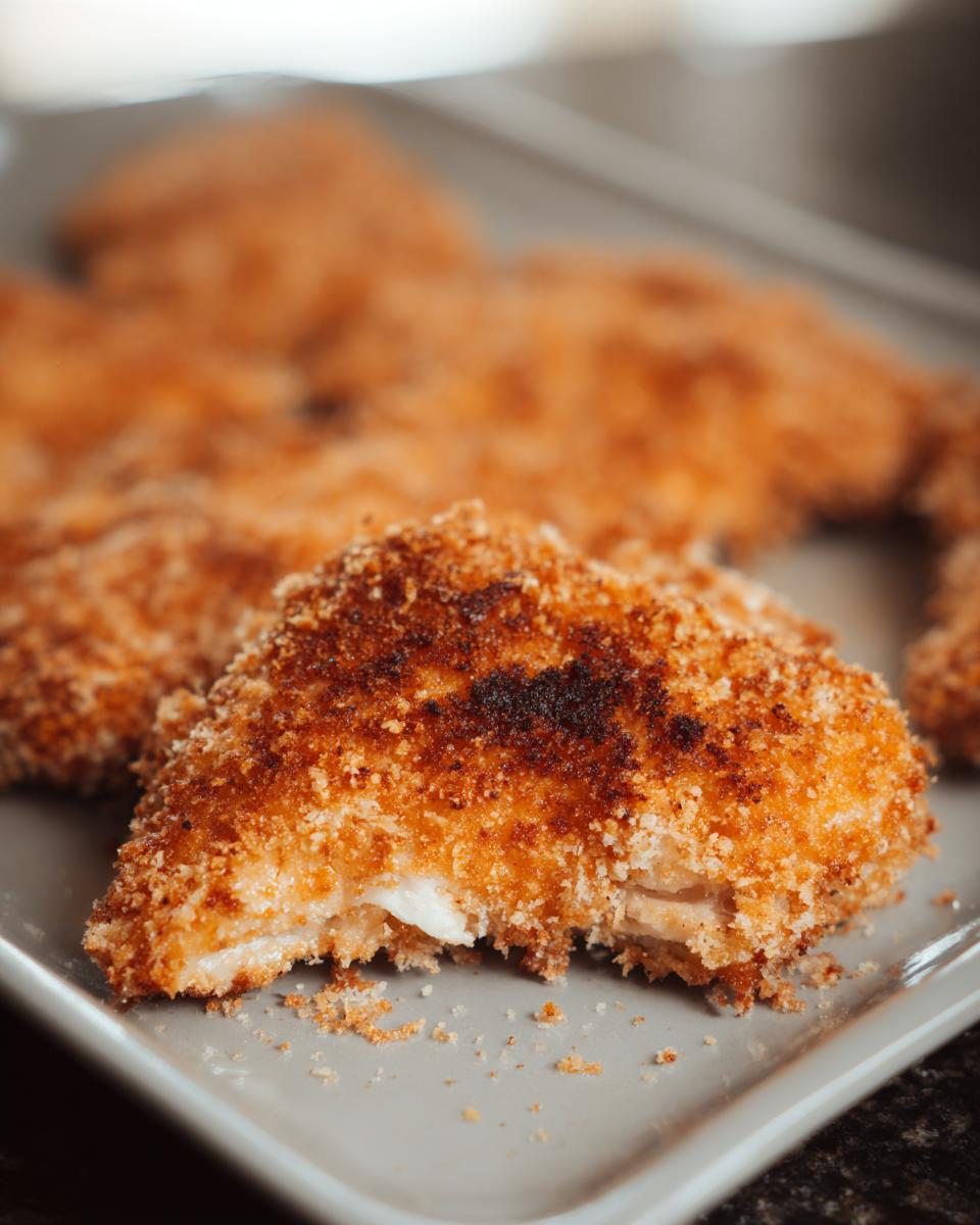 Close-up of a piece of Buttermilk Baked Fried Chicken showing a crispy, golden-brown crust and tender white meat inside.