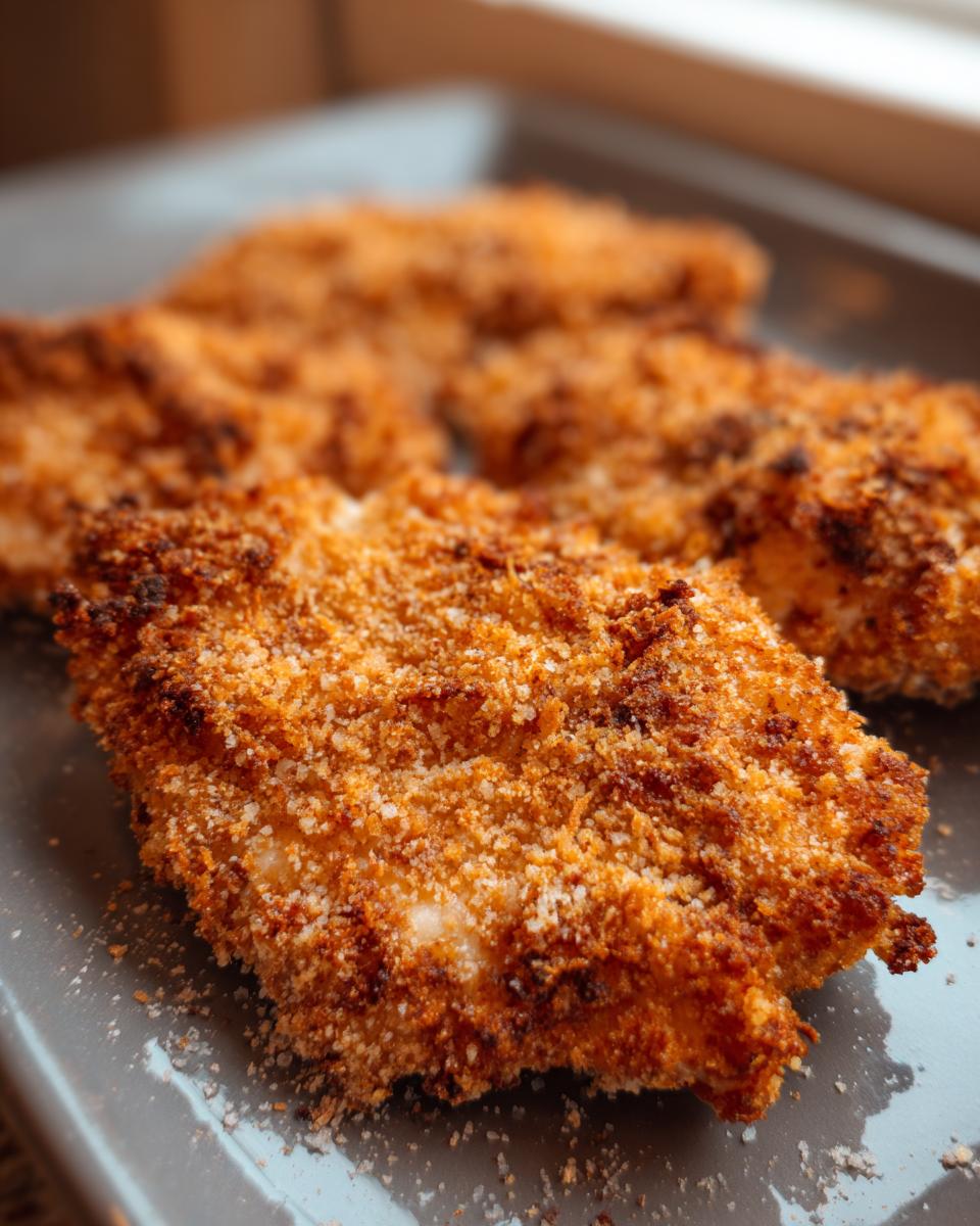 Close-up of crispy, golden-brown pieces of Buttermilk Baked Fried Chicken on a gray platter.
