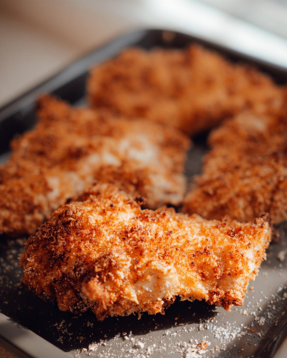 Close-up of golden brown, crispy Buttermilk Baked Fried Chicken pieces resting on a dark baking sheet.