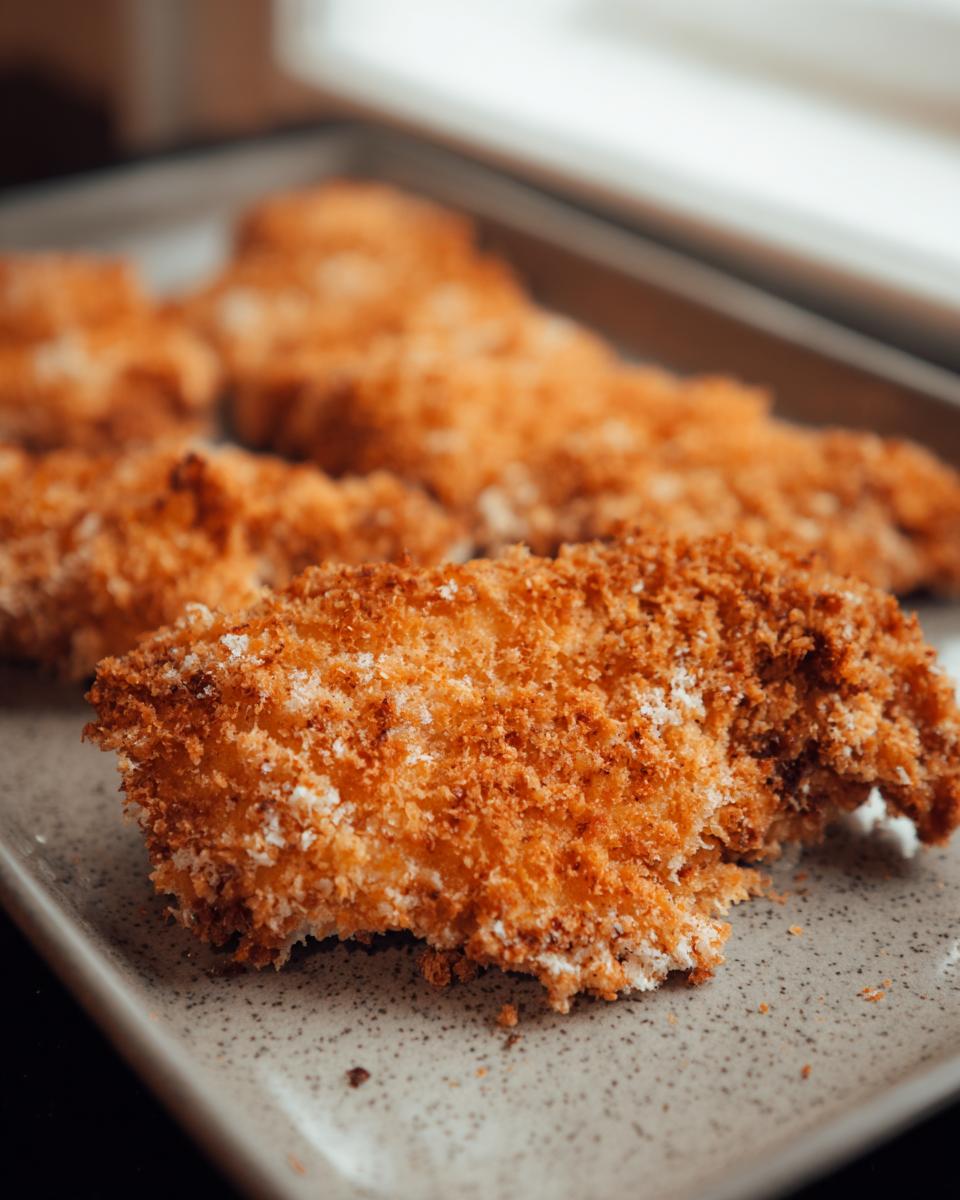 Close-up of a golden, crispy piece of Buttermilk Baked Fried Chicken resting on a speckled baking sheet.