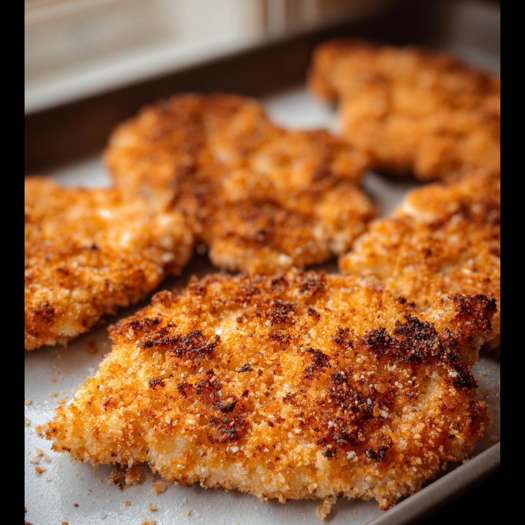 Close-up of several pieces of golden brown, crispy Buttermilk Baked Fried Chicken resting on a baking sheet.