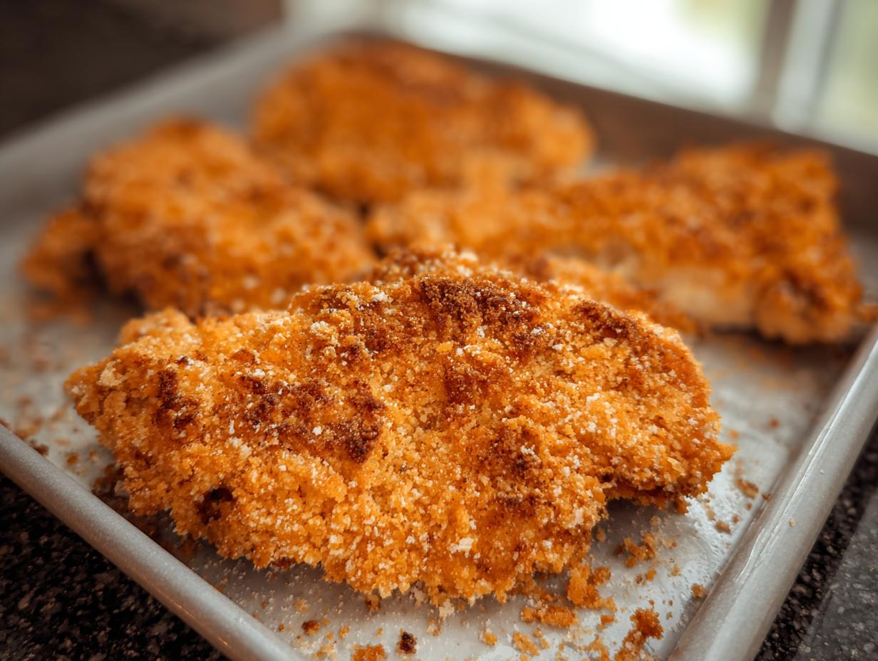 Close-up of several pieces of Buttermilk Baked Fried Chicken coated in seasoned breading, ready for the oven.