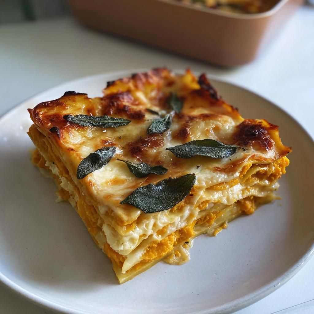 Close-up of a layered slice of Butternut Squash and Sage Lasagna topped with melted cheese and fresh sage leaves.