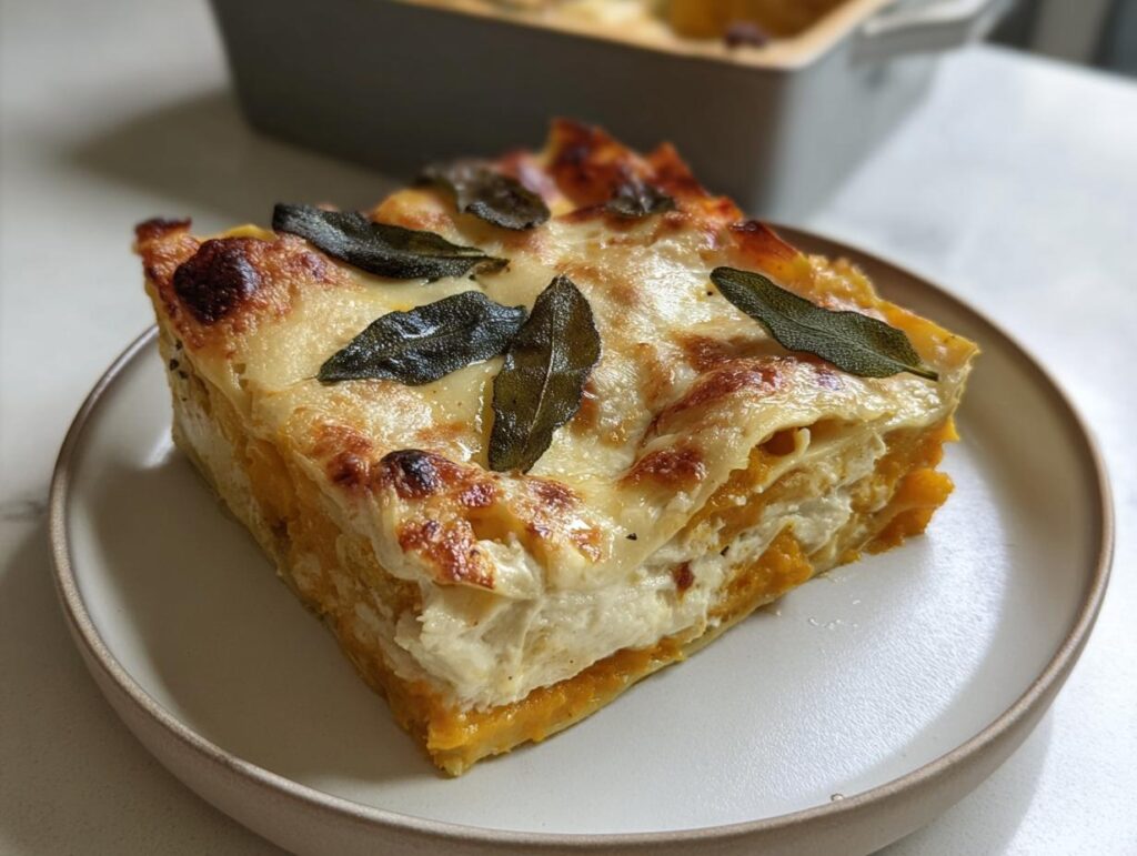A square slice of Butternut Squash and Sage Lasagna with golden, bubbly cheese topping and fried sage leaves.