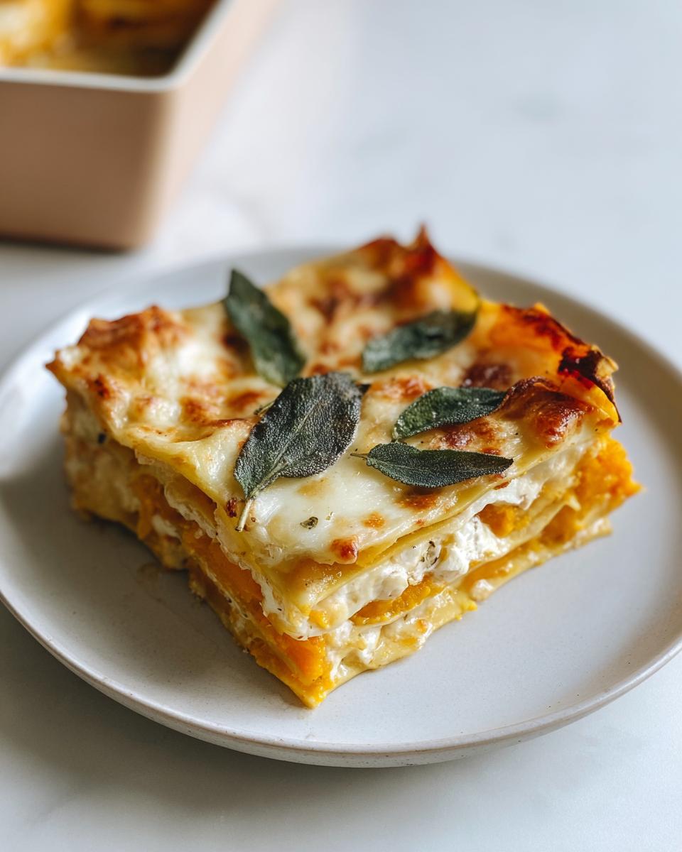 A square slice of layered Butternut Squash and Sage Lasagna topped with melted cheese and fresh sage leaves.