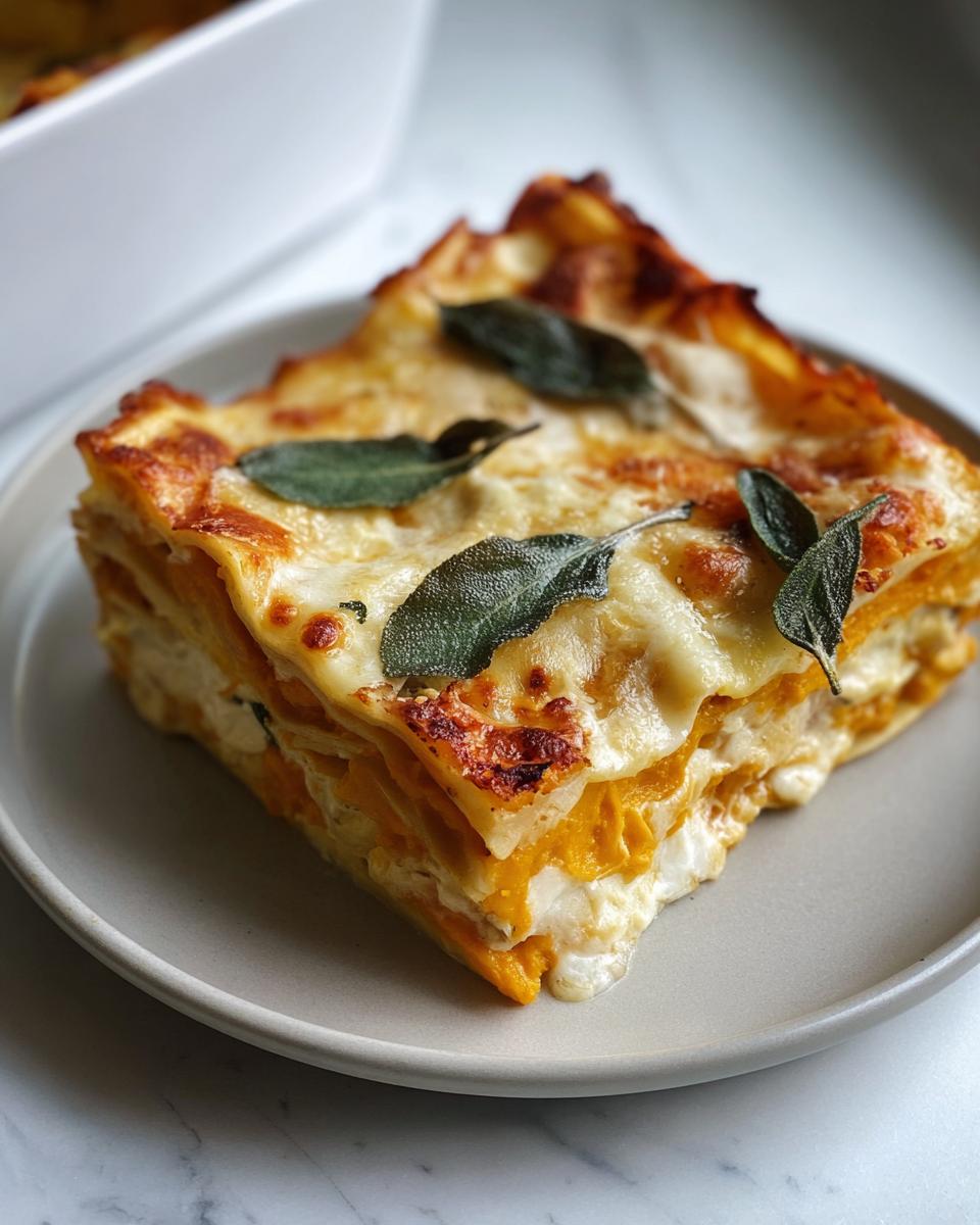 A perfectly portioned slice of Butternut Squash and Sage Lasagna, topped with melted cheese and fresh sage leaves.