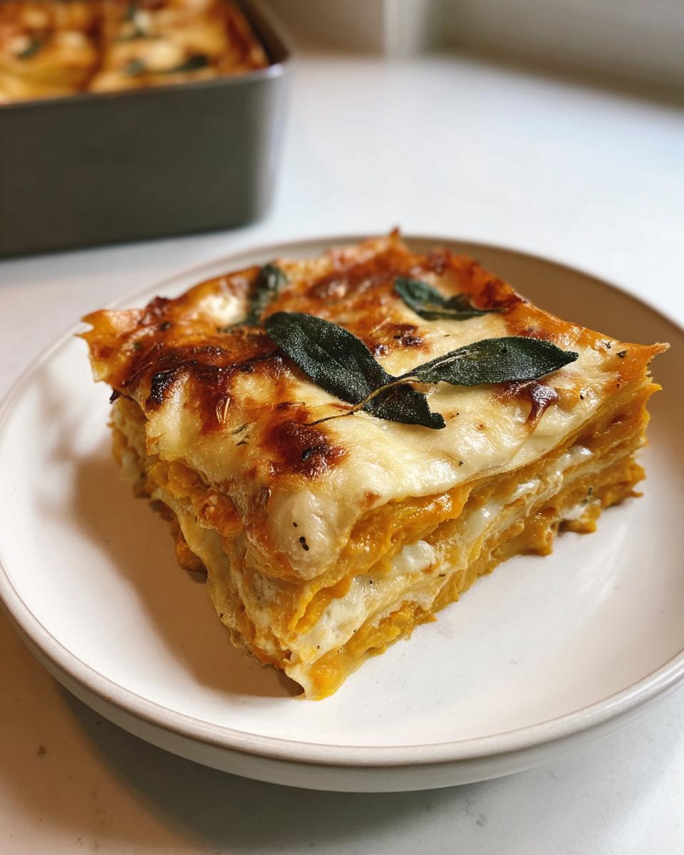 A perfectly baked slice of Butternut Squash and Sage Lasagna topped with melted cheese and fried sage leaves.