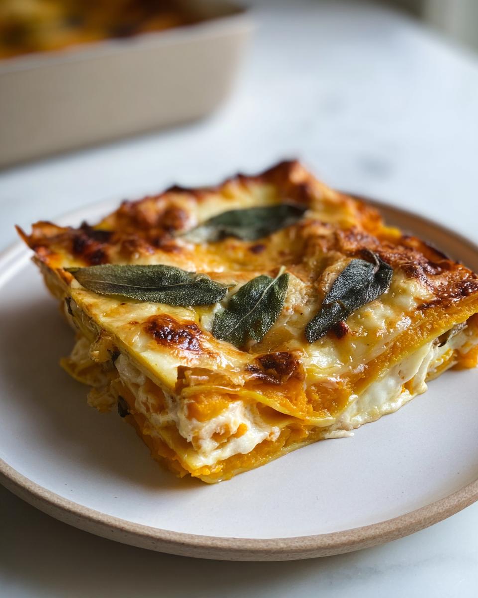 A perfect slice of Butternut Squash and Sage Lasagna showing layers of orange squash, white cheese, and topped with crispy sage leaves.