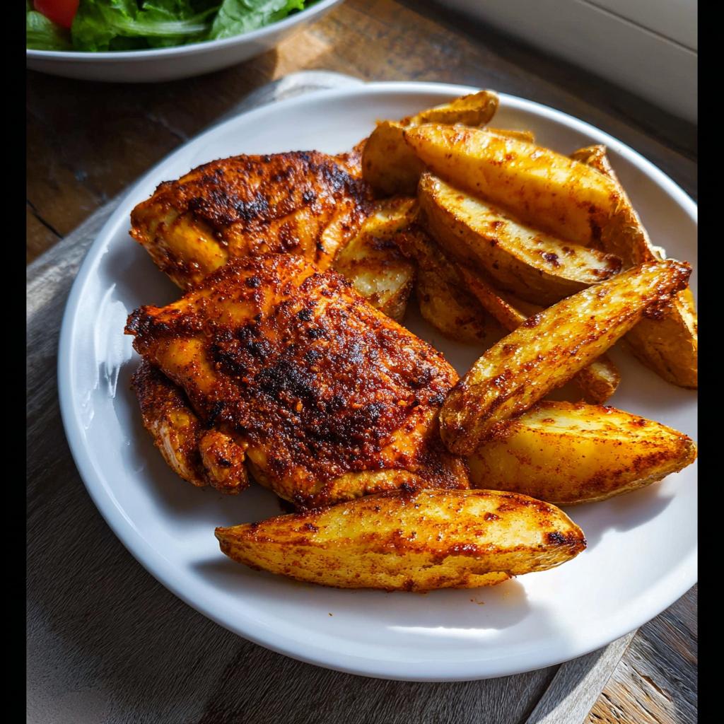 Two crispy Cajun Butter Chicken Thighs served on a white plate next to golden roasted potato wedges.