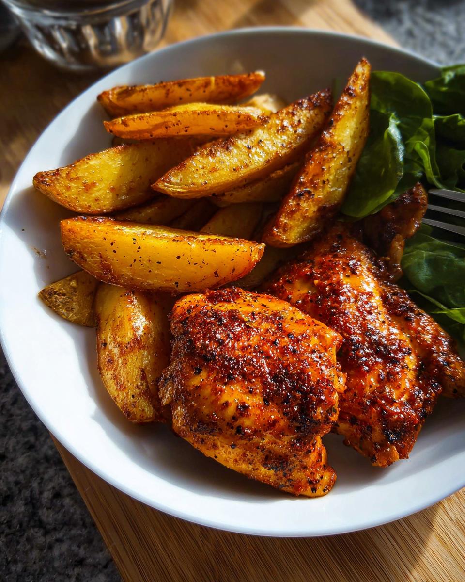 Close-up of seasoned Cajun Butter Chicken Thighs served with golden potato wedges and fresh spinach.