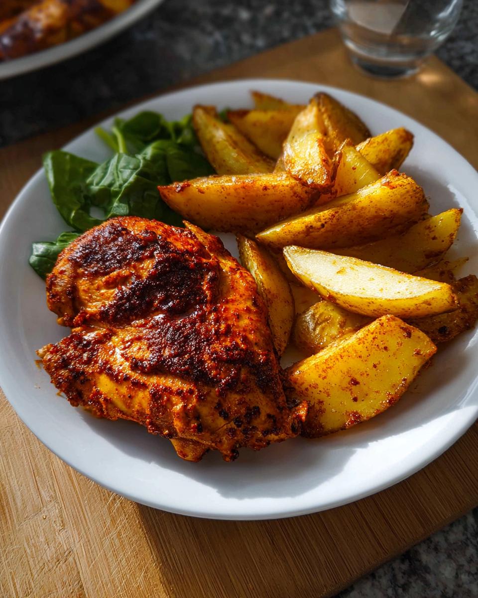 A plate featuring seasoned Cajun Butter Chicken Thighs served with golden potato wedges and fresh spinach.