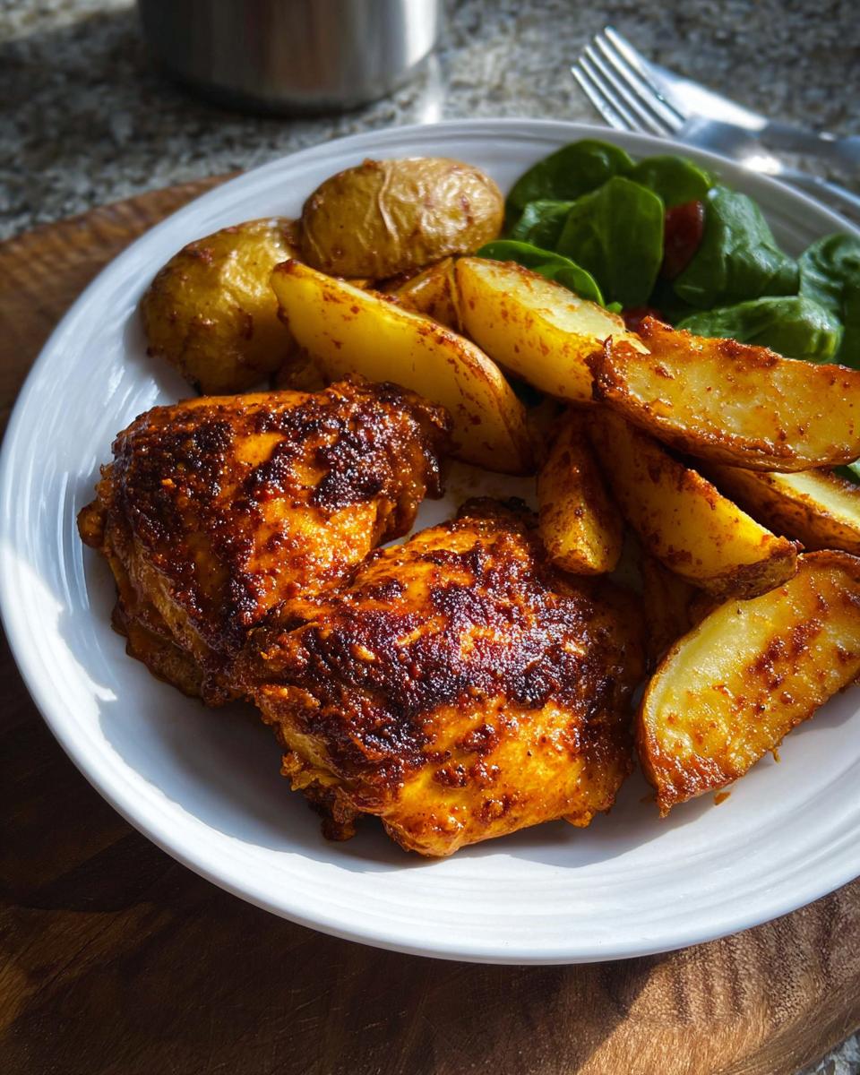 Two seasoned Cajun Butter Chicken Thighs served on a white plate with roasted potato wedges and a side of spinach.