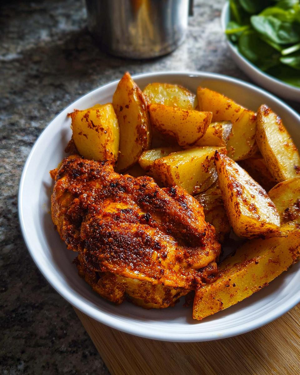 A serving of richly seasoned Cajun Butter Chicken Thighs next to golden roasted potato wedges in a white bowl.