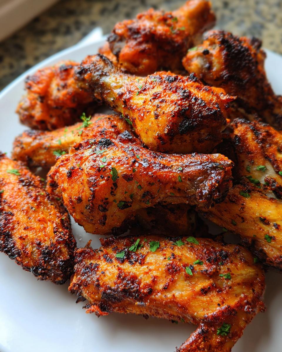 Close-up of perfectly cooked Cajun Dry Rub Chicken Wings, featuring crispy, seasoned skin and a sprinkle of parsley.
