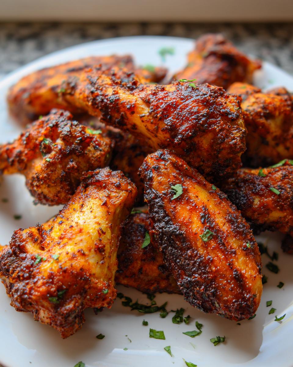 A close-up of crispy, richly seasoned Cajun Dry Rub Chicken Wings piled on a white plate, garnished with parsley.