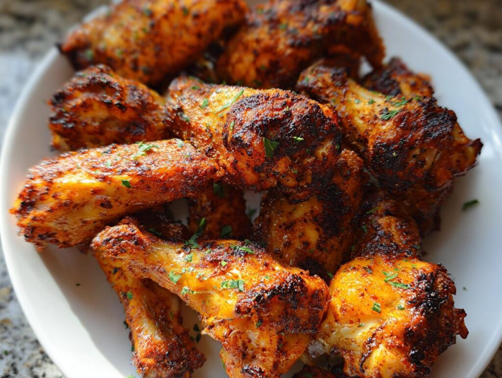 Close-up of perfectly cooked Cajun Dry Rub Chicken Wings piled high on a white plate, garnished with parsley.