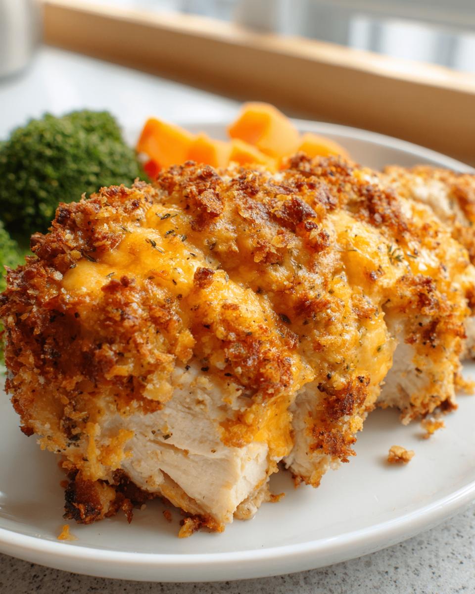 A close-up view of a sliced Cheddar Ranch Baked Chicken breast with a crispy, cheesy topping, served with broccoli and carrots.