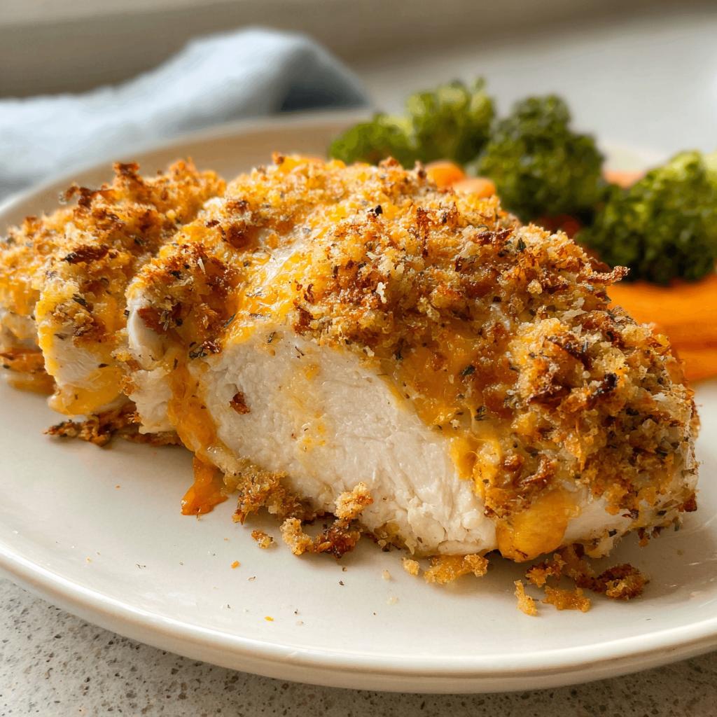 A close-up of sliced Cheddar Ranch Baked Chicken with a crispy, cheesy topping, served with steamed broccoli and carrots.