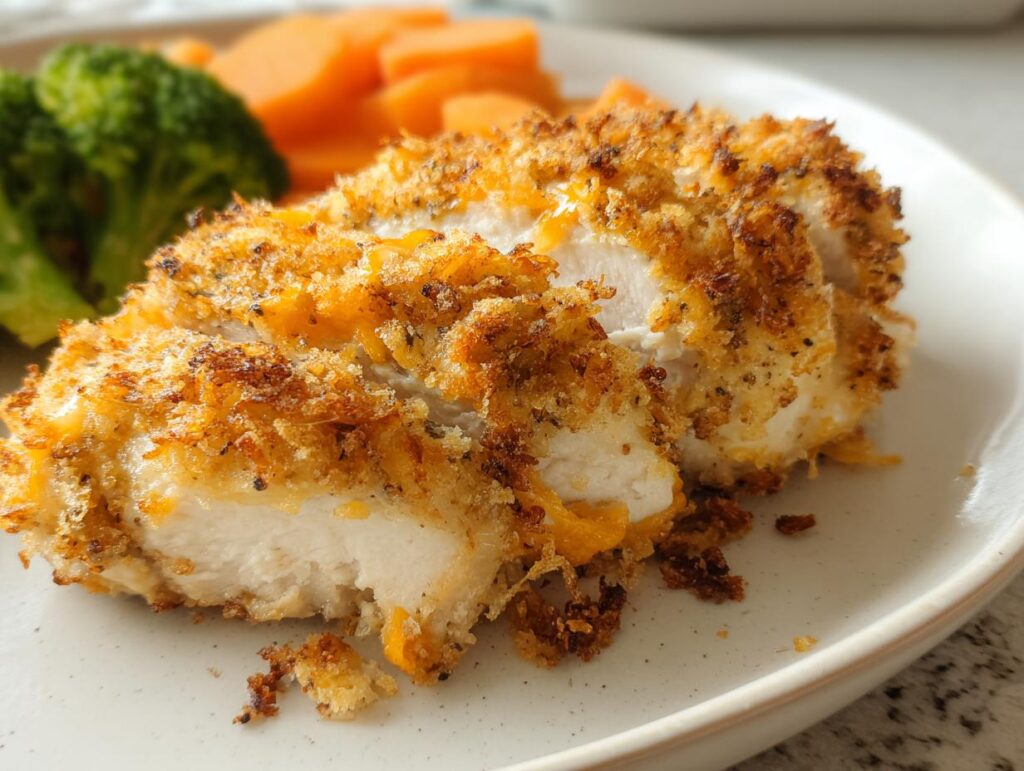 Close-up of sliced Cheddar Ranch Baked Chicken with a golden, crispy coating served with broccoli and carrots.