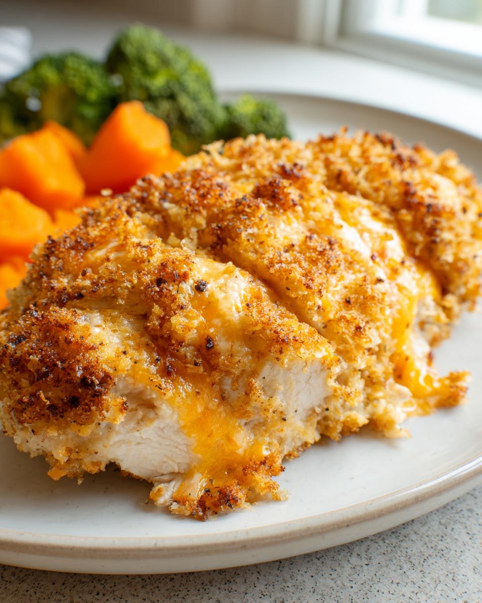 A close-up of sliced Cheddar Ranch Baked Chicken with a crispy, golden topping and melted cheese oozing out.