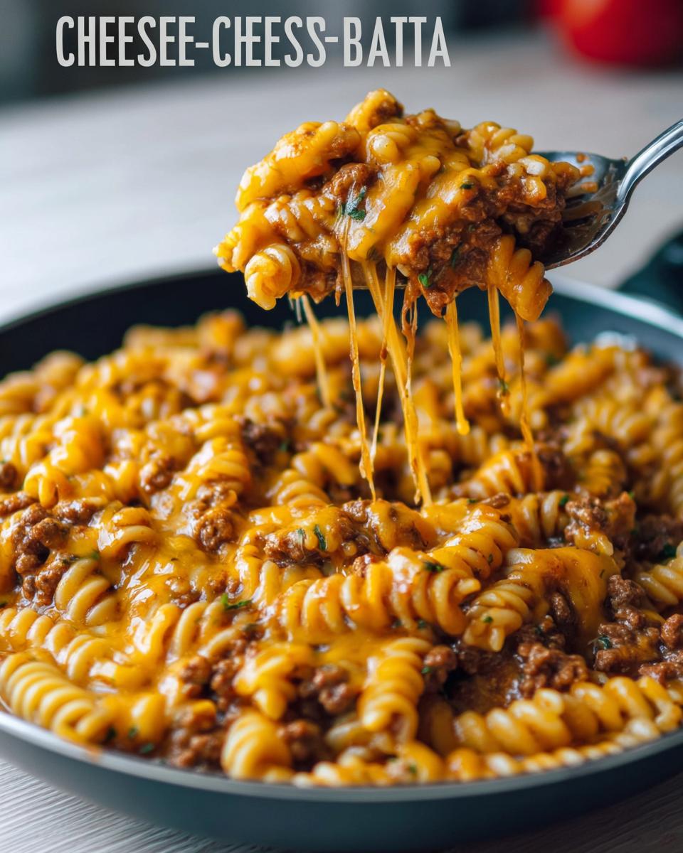 A spoonful of cheesy Cheeseburger Skillet Pasta showing melted cheese pull over rotini pasta and ground beef.