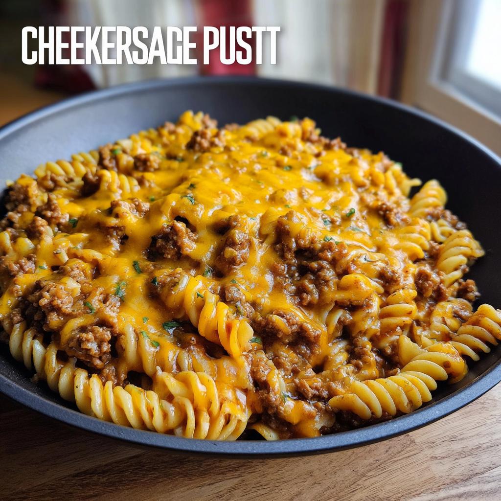 Close-up of Cheeseburger Skillet Pasta featuring rotini pasta, seasoned ground beef, and melted cheddar cheese.