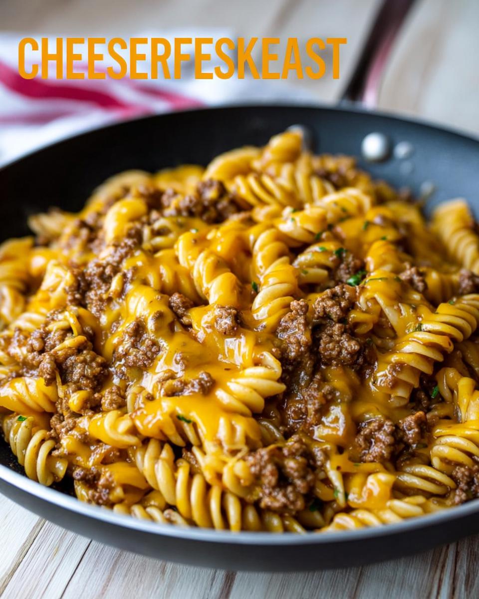 Close-up of creamy Cheeseburger Skillet Pasta with ground beef and melted cheddar cheese in a black skillet.